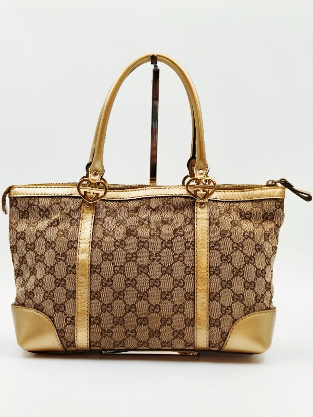 Gucci GG Canvas Gold Leather Trim Tote Shoulder Bag 237069 520981 Vintage